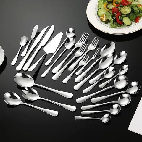 Cuchara de Servir Moderna de Acero Inoxidable Cuchara de Sopa Espesada de Mango Largo Cuchillo de Filete Tenedor Vajilla Pulida Espejo Cocina