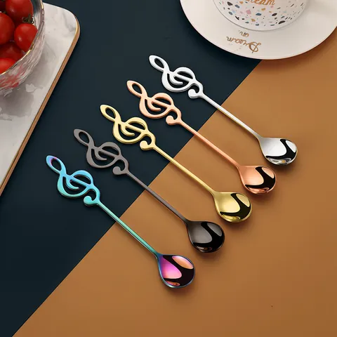 Cucchiaino da Caffè Creativo Design Nota Musicale Acciaio Inossidabile 304 Lucidato a Specchio Manico Lungo Cucchiaio