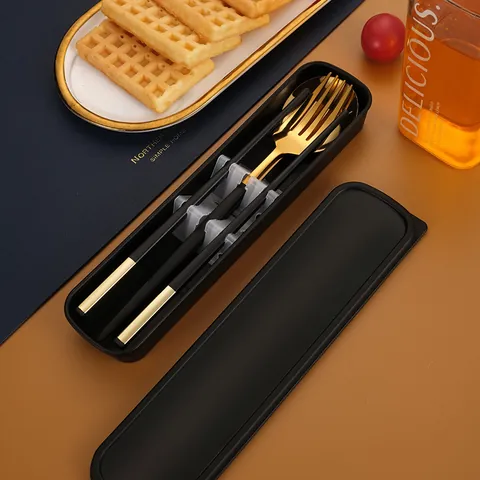 Portable Stainless Steel Cutlery Set Mirror Polished Dinnerware Set With Storage Case Chopsticks Spoon Fork Set For School Office Travel