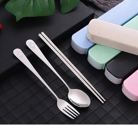Portable Stainless Steel Cutlery Set With Storage Box Smile Face Pattern Spoon Fork Chopsticks For Students Office Travel