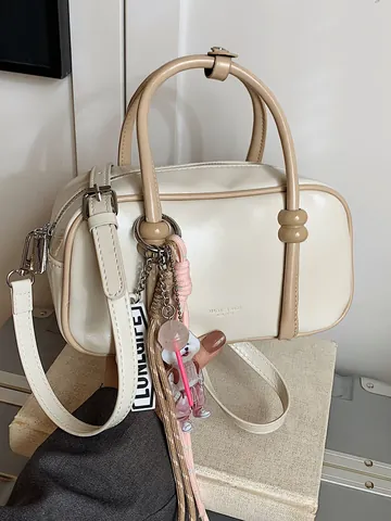 Women Mini Boston Pillow Bag Contrast Color Stitching PU Leather Handbag With Adjustable Shoulder Strap And Fashion Pendant