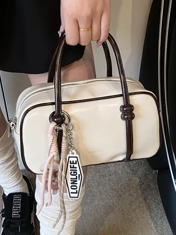 Women Mini Boston Pillow Bag Contrast Color Stitching PU Leather Handbag With Adjustable Shoulder Strap And Fashion Pendant