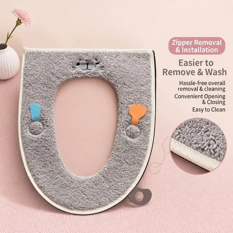 Winter Thickened Plush Toilet Seat Cover Zippered Washable Warm Bathroom Lid Cover With Handle Cartoon Animal Patterns