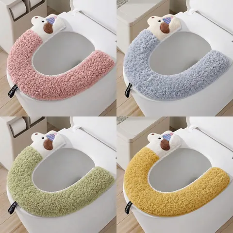 Cartoon U-Shaped Plush Toilet Seat Cover Waterproof PU Backing Winter Warm Washable Toilet Mat Soft Cushion For Home Bathroom Decor