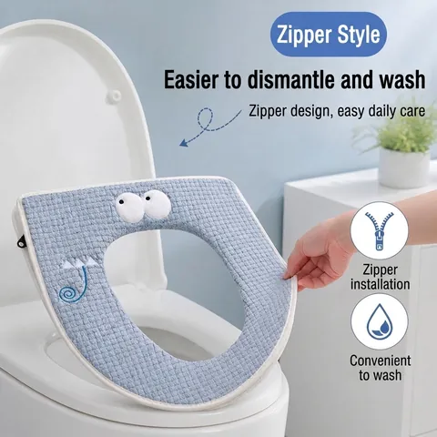 Universal Zippered Toilet Seat Cover Thick Plush Winter Warm Washable Soft Mat With Handle Cartoon Pattern Bathroom Accessories