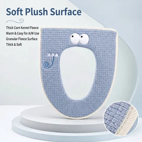Universal Zippered Toilet Seat Cover Thick Plush Winter Warm Washable Soft Mat With Handle Cartoon Pattern Bathroom Accessories
