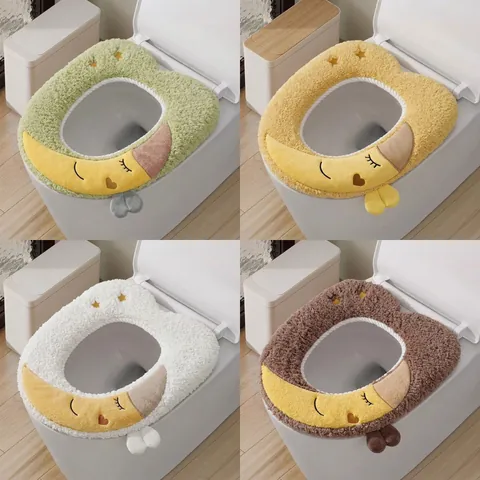 Soft Warm Plush Toilet Seat Cover Cushion Washable Adhesive Universal Bathroom Mat Winter Fluffy Cartoon Embroidered Toilet Cover Decor
