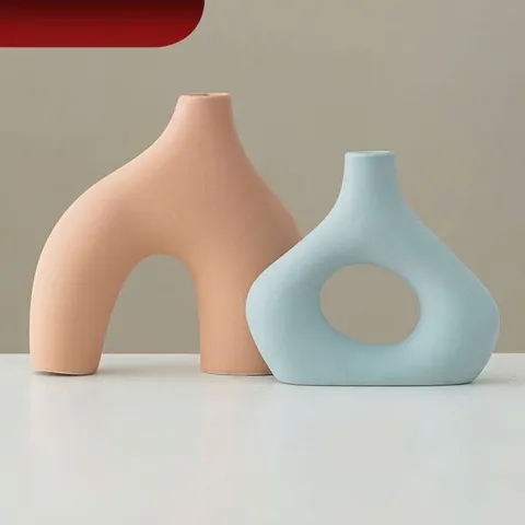 Ensemble de Vases en Céramique Style Morandi Nordique Vase à Fleurs Géométrique Creux Mat Minimaliste pour Salon Maison Ornements Décoratifs