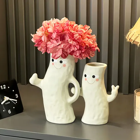 Ensemble de Vases en Céramique Main dans la Main Design Anthropomorphe Visage Souriant Vases Décoratifs Décoration Maison Minimaliste Ornements de Table