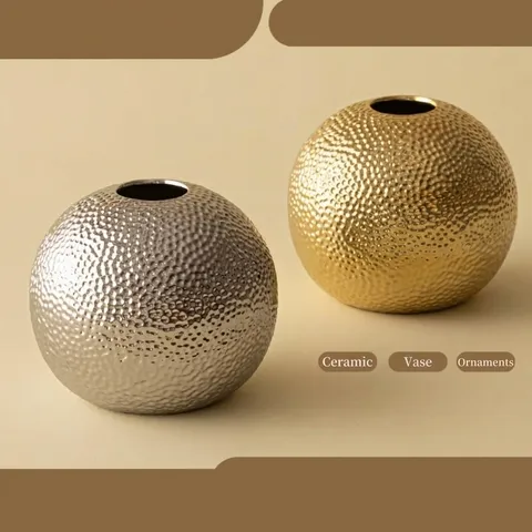 Leichter Luxus Galvanisierte Gehämmerte Keramik Ball Vase Kugelform Blumenbehälter Minimalistische Metallische Textur Desktop Tischdeko Ornament