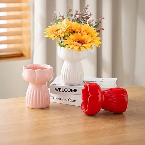 Tulip Shape Ceramic Vase Ribbed Flower Arrangement Pot Home Living Room Decor Luxurious Vintage Tabletop Ornament Vase Only