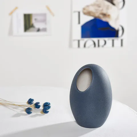 Mediterranean Blue Matte Ceramic Vase Creative Pebble UFO Shape Modern Minimalist Desktop Flower Arrangement Home Decor Ornament