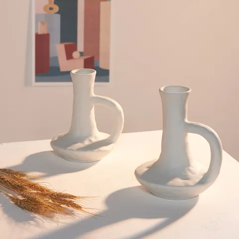 Florero de Cerámica Blanca Mate Minimalista Nórdico Maceta Texturizada Hecha a Mano Con Asa Única Florero Decorativo de Escritorio Retro para Sala de Estar del Hogar Accesorios de Fotografía