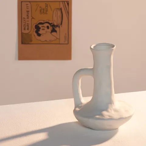 Florero de Cerámica Blanca Mate Minimalista Nórdico Maceta Texturizada Hecha a Mano Con Asa Única Florero Decorativo de Escritorio Retro para Sala de Estar del Hogar Accesorios de Fotografía