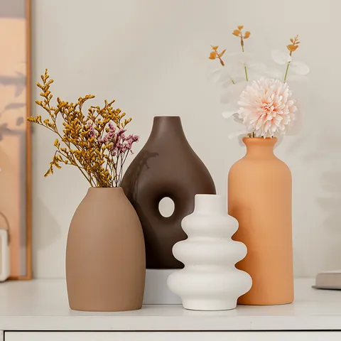 Florero de Cerámica Creativo Moderno Minimalista Mate Estilo Nórdico Decoración de Escritorio Florero Geométrico Hueco para Banquete Hogar Fiesta