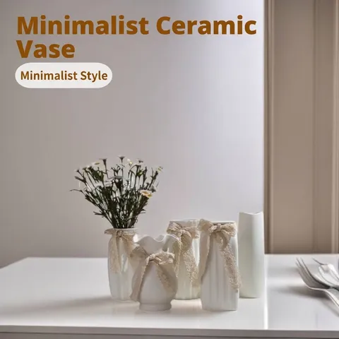 Vaso in Ceramica Bianca Minimalista Vaso da Fiori Fatto a Mano con Increspature Elegante Ornamento da Tavolo a Coste Con Decorazione di Fiocco in Pizzo Per Soggiorno Casa Ufficio