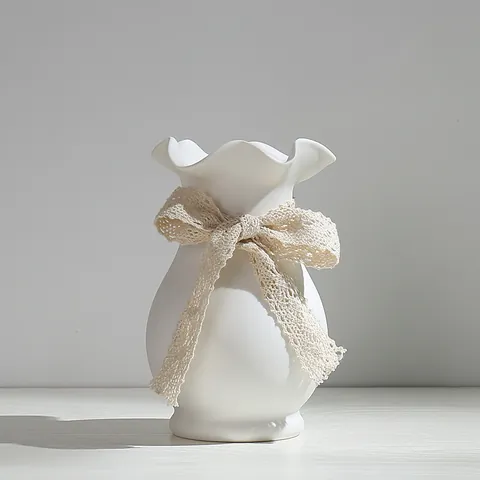 Vaso in Ceramica Bianca Minimalista Vaso da Fiori Fatto a Mano con Increspature Elegante Ornamento da Tavolo a Coste Con Decorazione di Fiocco in Pizzo Per Soggiorno Casa Ufficio