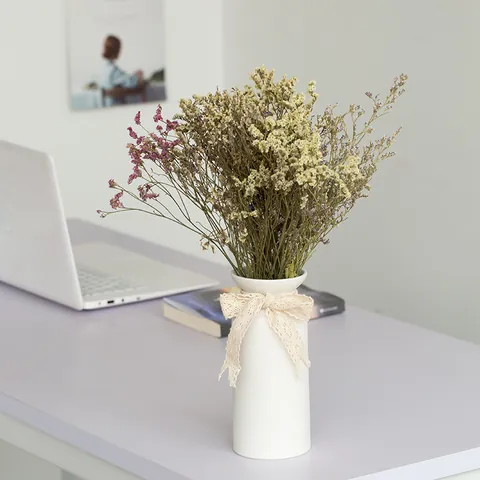 Minimalist White Ceramic Vase Nordic Style Flower Arrangement With Lace Bowknot For Home Office Table Desktop Decor Vase