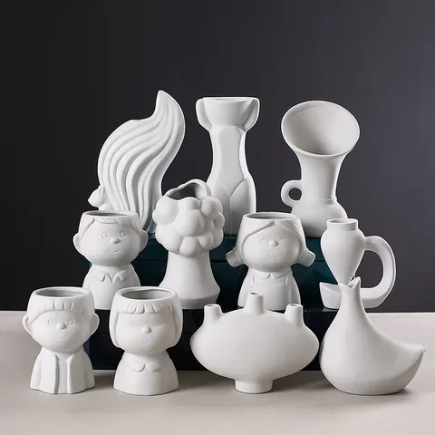 Vase Moderne en Céramique Blanche Décoration de Maison Minimaliste Salon Créatif Bureau Visage Humain Abstrait Forme d'Animal Vase d'Art en Poterie