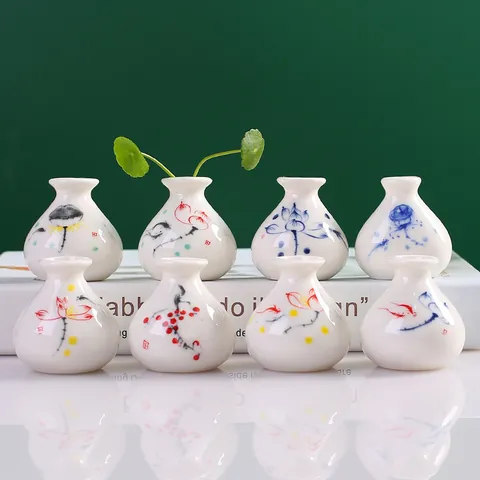 Miniatura Florero de Cerámica Estilo Zen Chino Pintado a Mano Patrón Flores Pez Micro Paisaje Planta Hidropónica Maceta Pequeña