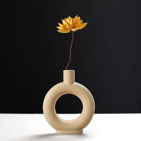 Jarrón de Cerámica con Forma de Dona de Estilo Nórdico Jarrón Mate Circular Hueco para Flores Secas Decoración del Hogar Minimalista Moderna Ornamento de Mesa Jarrón Decorativo