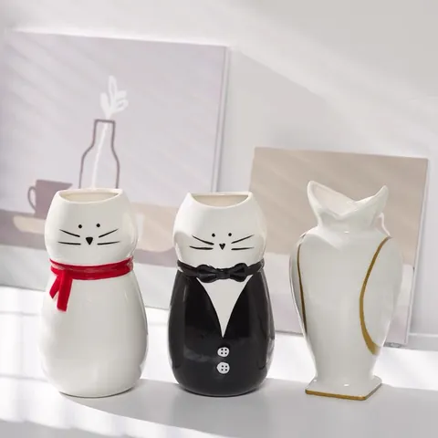 Moderne Keramische Diervormige Vaas Woondecoratie Minimalistisch Handgeschilderd Kat Uil Figuur Bloempot Sfeer Tafel Ornament