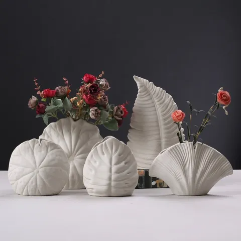Nordic Minimalist Matte White Ceramic Leaf Vase Handmade Modern Flower Pot Aesthetic Tabletop Decoration Home Decor Centerpiece