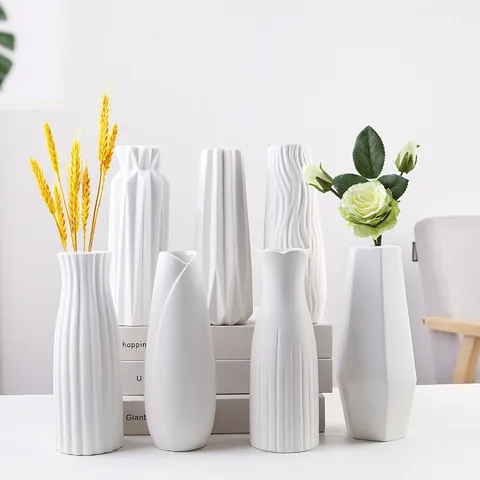 Modern Minimalist White Ceramic Vase Nordic Geometric Texture Matte Decorative Flower Vase For Home Living Room Office Decor