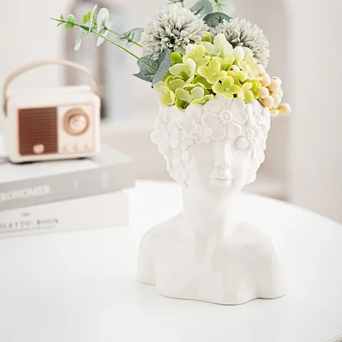 Nordic Creative Human Body Ceramic Vase Minimalist White Bust Sculpture Artistic Home Decoration Modern Desktop Floral Ornament