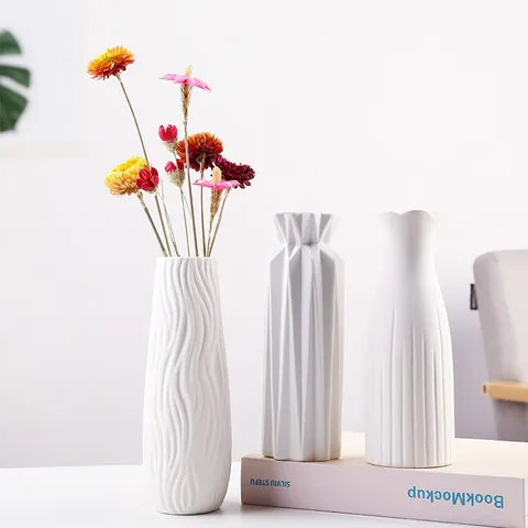 Modern Minimalist White Ceramic Vase Nordic Geometric Texture Matte Decorative Flower Vase For Home Living Room Office Decor