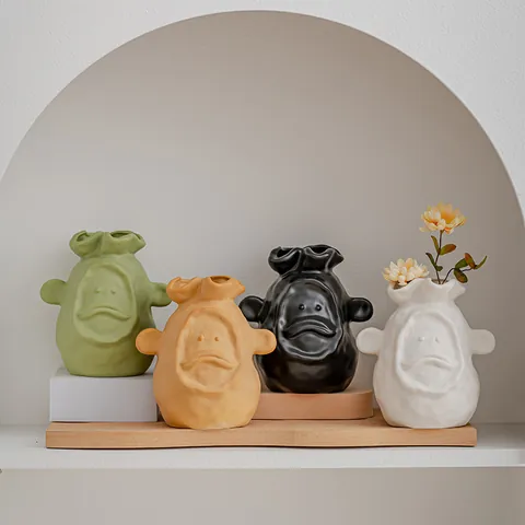 Vase Humanoïde en Céramique Minimaliste Moderne Pot de Fleurs Visage Abstrait Art Nordique Jardinière Décorative pour Succulentes Décor Maison Bureau