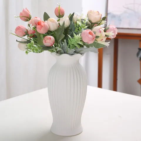 Vaso da Fiori in Ceramica Bianca Nordica a Coste Vaso Moderno Minimalista Opaco a Strisce per Fiori Secchi Decorazione Casa