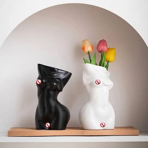 Nordisch Modern Keramik Körperkunst Vase Für Haus Dekoration Weiblicher Torso Skulptur Matt Schwarz Weiß Minimalistisch Kunst Blumenvase