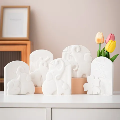 Modern Minimalistisch Weiß Keramik Elefant Vase Nordisch Relief Blumen Ornament Für Wohnzimmer Büro Schreibtisch Dekoration Einweihungsgeschenk
