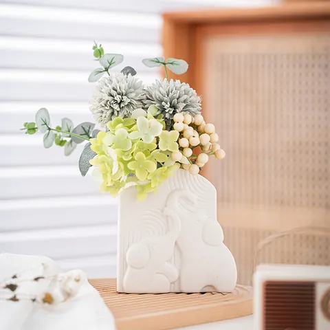 Modern Minimalistisch Weiß Keramik Elefant Vase Nordisch Relief Blumen Ornament Für Wohnzimmer Büro Schreibtisch Dekoration Einweihungsgeschenk