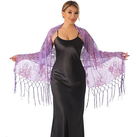 Women Fashion Sequin Tassel Shawl Elegant Evening Party Wedding Dress Wrap Sheer Mesh Decorative Scarf Accessory