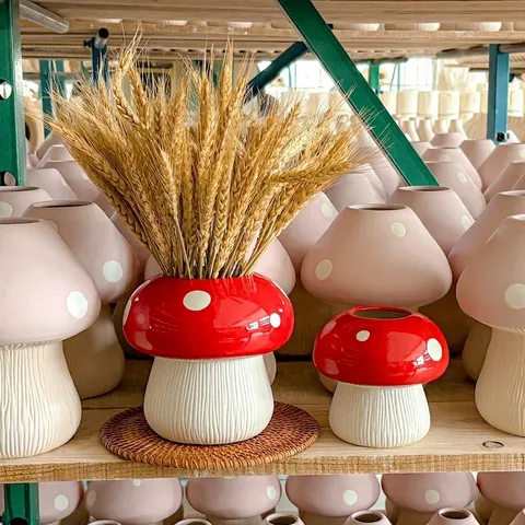 Handgemalte Keramik Pilz Vase Französischer Ins-Stil Gepunktet Dekorative Blumentopf Hydroponische Desktop Home Ornament Tischdekoration Kunsthandwerk