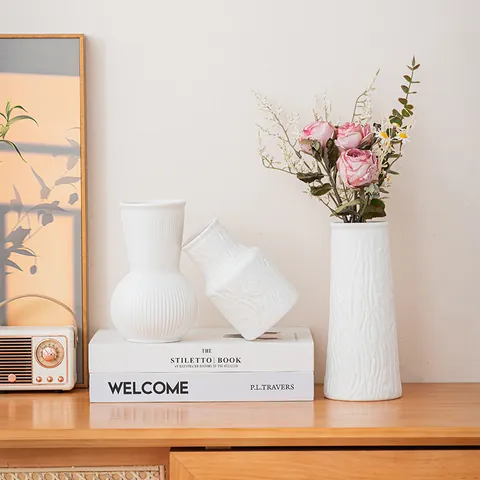 Set di Vasi in Ceramica Bianca Minimalista Moderno Nordico Vasi da Fiori con Texture a Rilievo Opaca per Decorazioni Natalizie