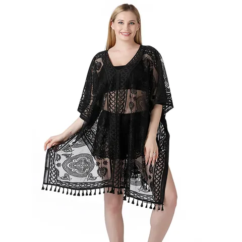 Dames Kant Strand Cover Up V Hals Opengewerkt Kwastjes Bikini Badpak Zonbescherming Vakantie Top