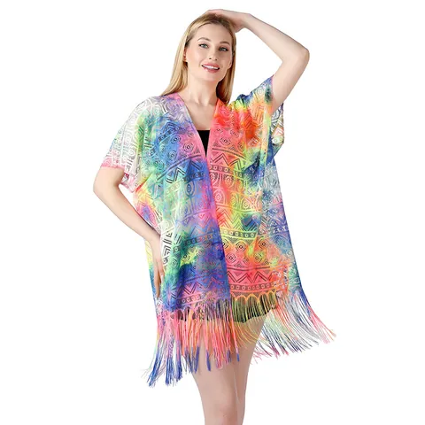 Women Tie Dye Lace Cover Up Summer Beach Bikini Smock Tassel Open Front Cardigan Bohemian Sun Protection Shawl Tops
