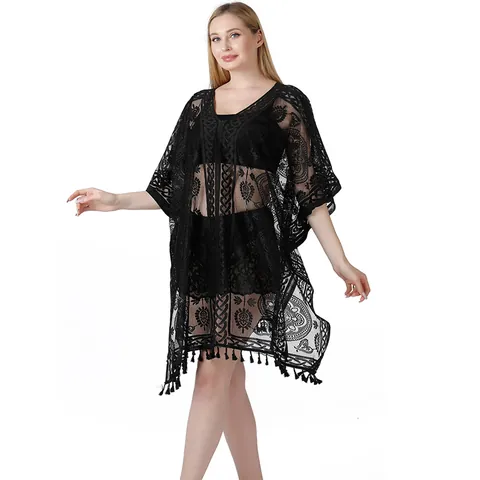 Dames Kant Strand Cover Up V Hals Opengewerkt Kwastjes Bikini Badpak Zonbescherming Vakantie Top