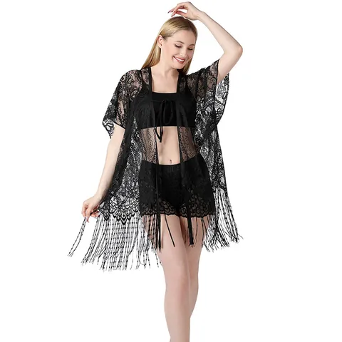 Prenda de Cobertura de Playa de Encaje para Mujer Estampado de Cachemira con Borla Cárdigan Túnica Protección Solar Transparente Vacaciones Kaftán Kimono