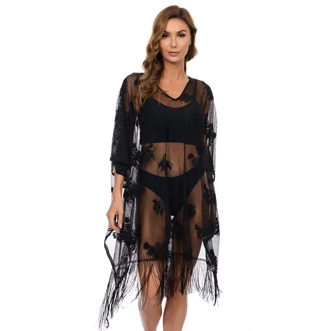 Women Sexy Lace Beach Cover Up Floral Embroidery Tassel Fringe Sheer Mesh Bikini Coverup Summer Boho V Neck Polyester Robe