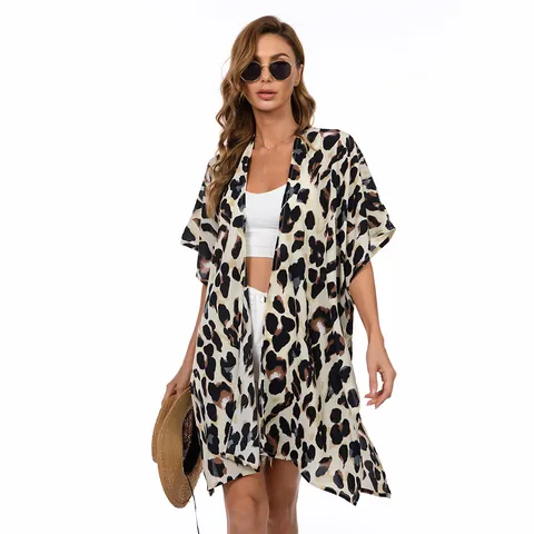 Cardigan Kimono da Donna Taglie Forti con Stampa Leopardata Copricostume da Spiaggia Estivo Protezione Solare Larga