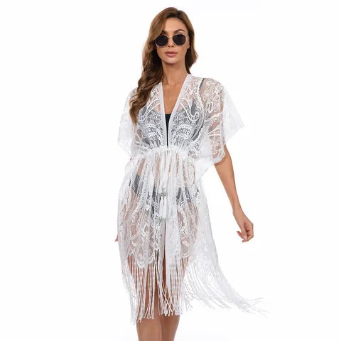Dames Grote Maten Sexy Kant Strandjurk Opengewerkt Gehaakt Cardigan Franje Trekkoord Taille Bikini Zonbescherming Robe