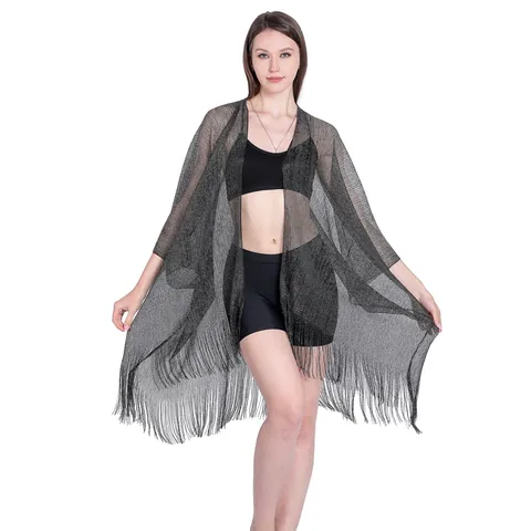 Women Bohemian Bikini Cover Up Metallic Glitter Shawl With Fringe Slit Beach Sun Protection Resort Wear Polyester Shawl