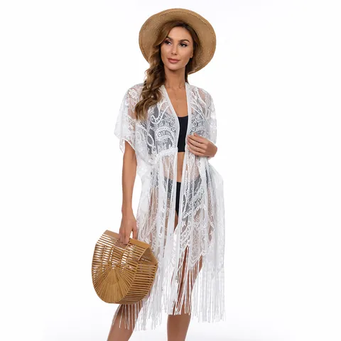 Dames Grote Maten Sexy Kant Strandjurk Opengewerkt Gehaakt Cardigan Franje Trekkoord Taille Bikini Zonbescherming Robe