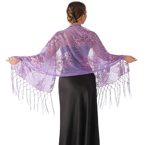 Women Fashion Sequin Tassel Shawl Elegant Evening Party Wedding Dress Wrap Sheer Mesh Decorative Scarf Accessory
