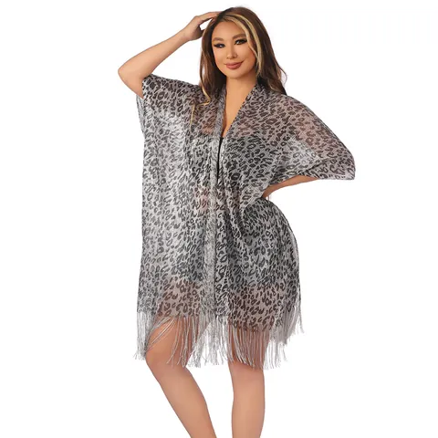 Damen Leopardenmuster Tierdruck Strandtuch Bikini Überwurf Top Leichtes Polyester Sonnenschutz Fransentuch Mit Quasten