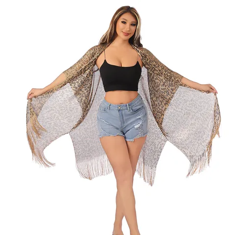 Damen Leopardenmuster Tierdruck Strandtuch Bikini Überwurf Top Leichtes Polyester Sonnenschutz Fransentuch Mit Quasten